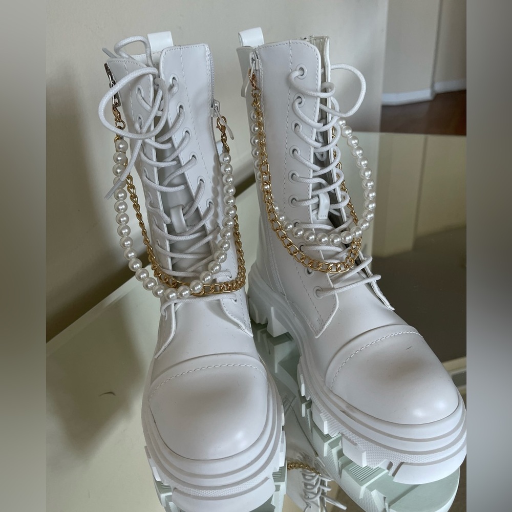 Custom jeweled combat boots white with gold chain and Pearl detail.
